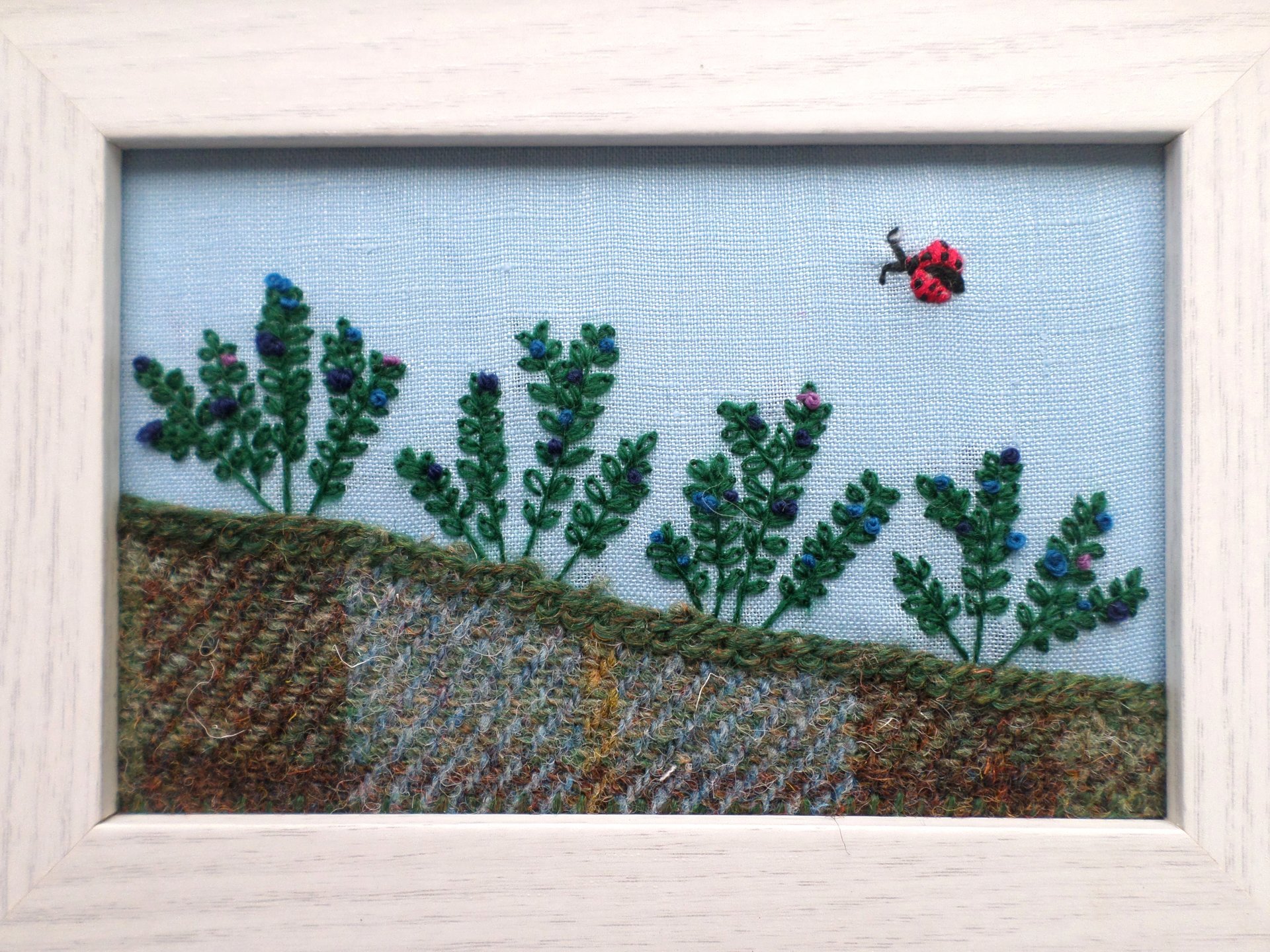 Wild Maine Blueberry Barren Hand-Embroidered Crewel Wall Art