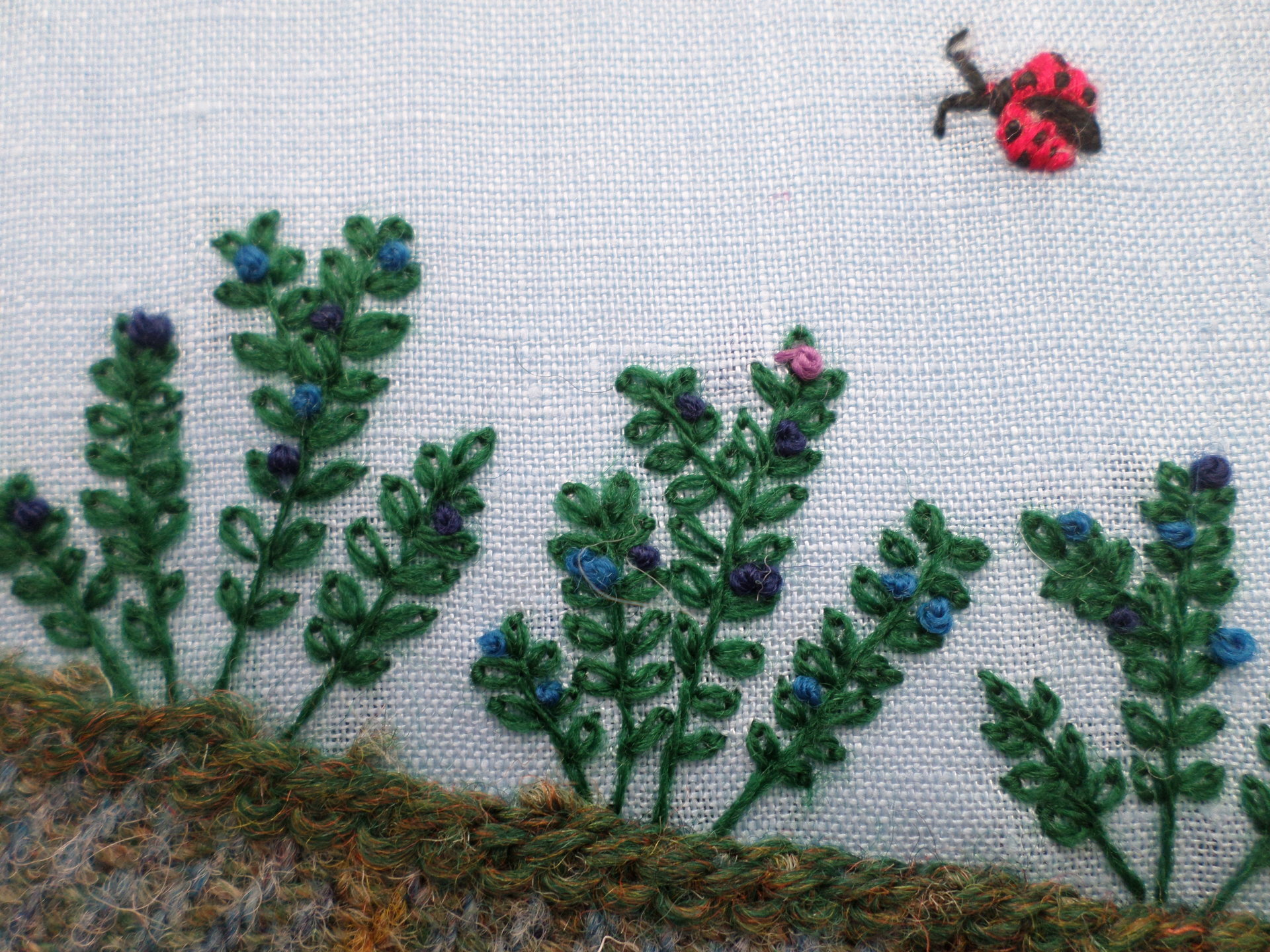 Wild Maine Blueberry Barren Hand-Embroidered Crewel Wall Art