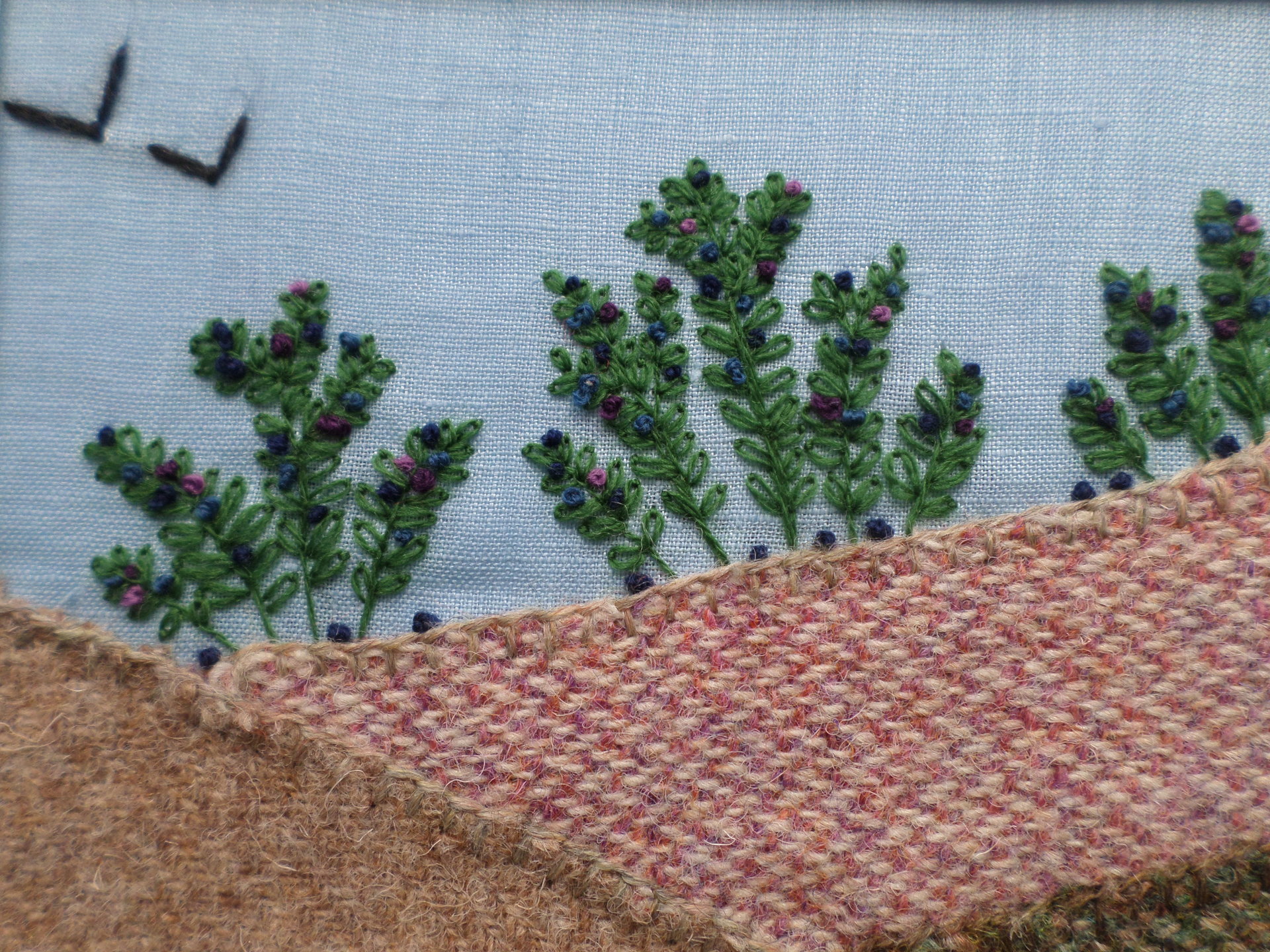 Wild Maine Blueberry Barren Hand-Embroidered Crewel Wall Art