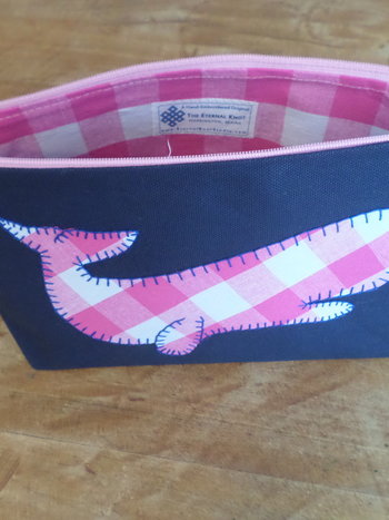 Pink Gingham Whale Hand Embroidered Zipper Clutch Bag