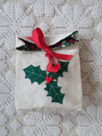 Holly Re-useable Holiday Gift Bag, Hand Embroidered