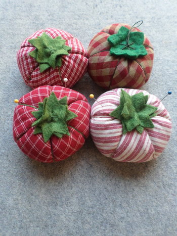 Red Tomato Pincushion in Tea Dyed Homespun Cotton