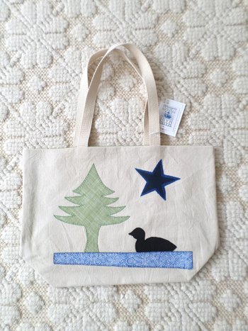 Maine Pine Tree & Loon Hand Embroidered Canvas Tote Bag - MEDIUM