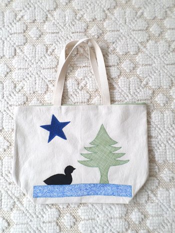 Maine Pine Tree & Loon Hand Embroidered Canvas Tote Bag - MEDIUM