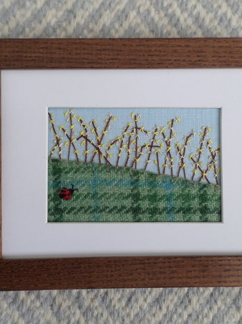 Forsythia Downeast Spring 5" x 7" Hand Embroidered Crewel Wall Art