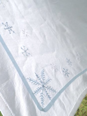 Hand Embroidered Linen Snowflake Holiday Tablecloth