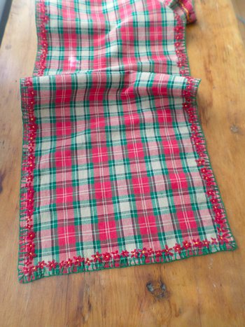 Red & Green Plaid Holiday Table Runner, Hand Embroidered Flowers