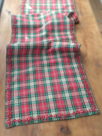 Red & Green Plaid Holiday Table Runner, Hand Embroidered Flowers