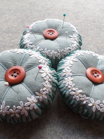 Linen Pincushion with Hand Embroidered Daisies