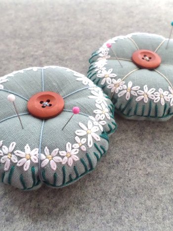 Linen Pincushion with Hand Embroidered Daisies