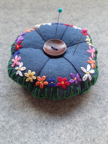 Linen Pincushion with Hand Embroidered Daisies
