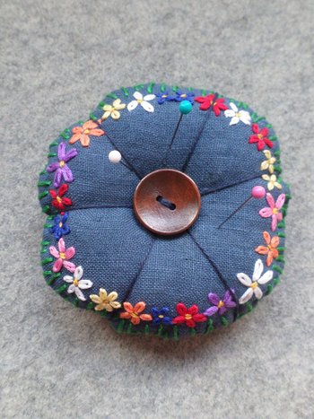 Linen Pincushion with Hand Embroidered Daisies