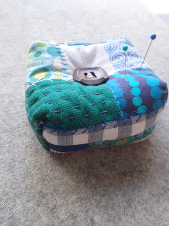 Patchwork Pincushion, Hand Embroidered Crazy Quilt Design in Blues and Greens