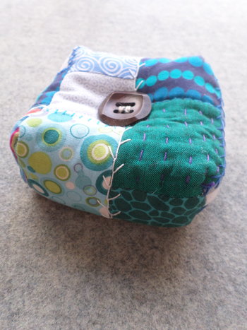 Patchwork Pincushion, Hand Embroidered Crazy Quilt Design in Blues and Greens