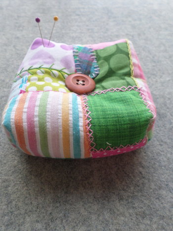 Patchwork Pincushion, Hand Embroidered Crazy Quilt Design in Pinks and Greens