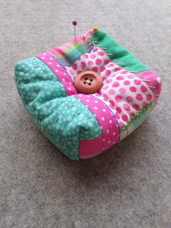 Patchwork Pincushion, Hand Embroidered Crazy Quilt Design in Pinks and Greens