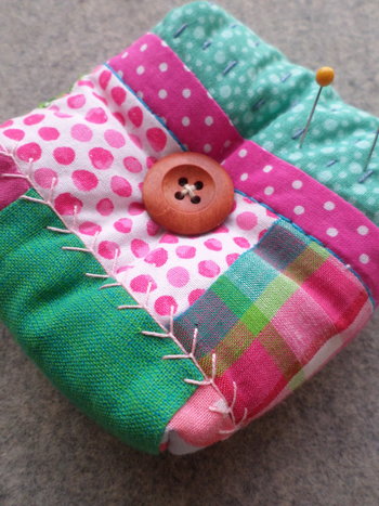 Patchwork Pincushion, Hand Embroidered Crazy Quilt Design in Pinks and Greens