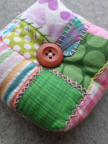 Patchwork Pincushion, Hand Embroidered Crazy Quilt Design in Pinks and Greens