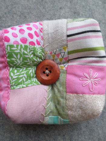 Patchwork Pincushion, Hand Embroidered Crazy Quilt Design in Pinks and Greens