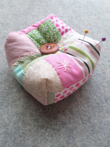 Patchwork Pincushion, Hand Embroidered Crazy Quilt Design in Pinks and Greens