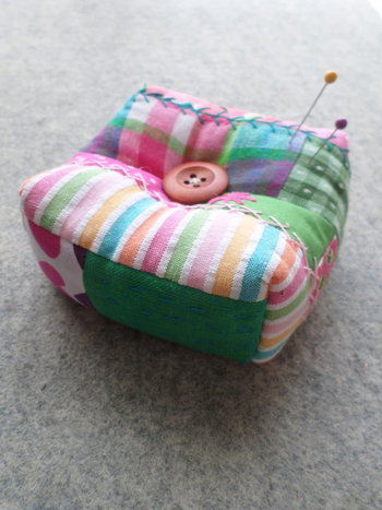 Patchwork Pincushion, Hand Embroidered Crazy Quilt Design in Pinks and Greens