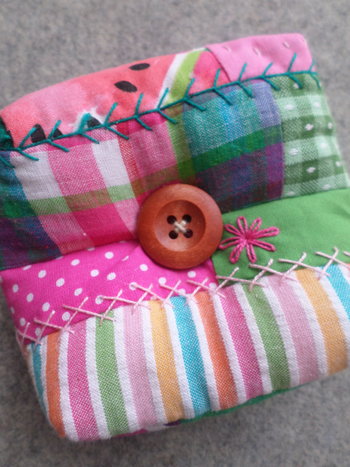 Patchwork Pincushion, Hand Embroidered Crazy Quilt Design in Pinks and Greens