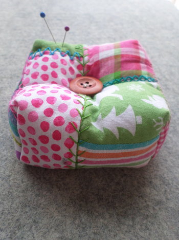 Patchwork Pincushion, Hand Embroidered Crazy Quilt Design in Pinks and Greens