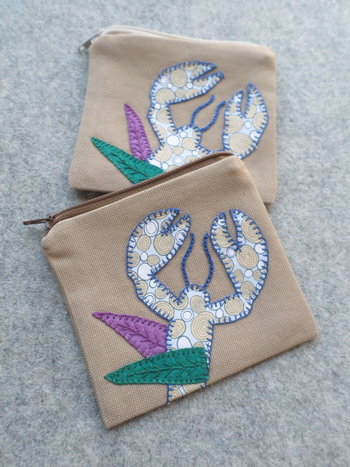 Maine Lobster Zip Bag, Hand Embroidered Coin Purse