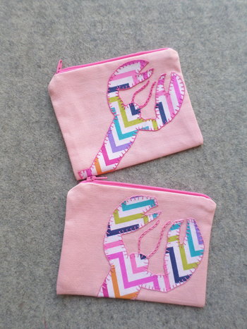 Maine Lobster Zip Bag, Hand Embroidered Pink Coin Purse with Rainbow Chevron Design