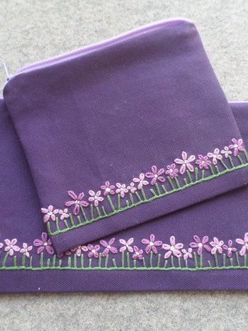 Violets Zip Bag, Hand Embroidered Coin Purse with Purple Flower Design
