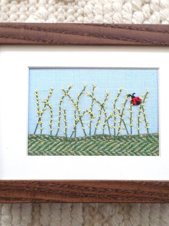 Forsythia Downeast Spring 5" x 7" Hand Embroidered Crewel Wall Art