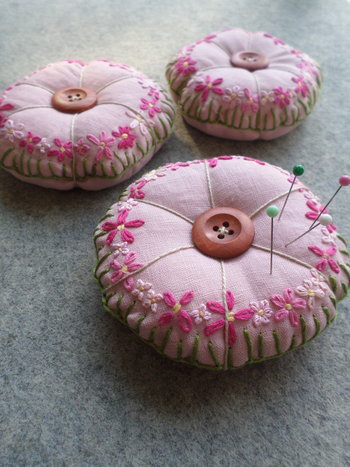 Linen Pincushion with Hand Embroidered Daisies