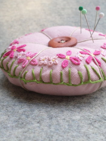 Linen Pincushion with Hand Embroidered Daisies