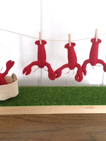 Miniature Downeast Maine Clothesline with Red Lobsters and Laundry Basket 