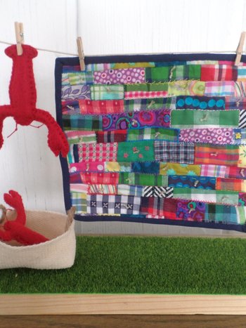 Miniature Downeast Maine Clothesline with Embroidered Patchwork Crazy Quilt and Red Lobsters 