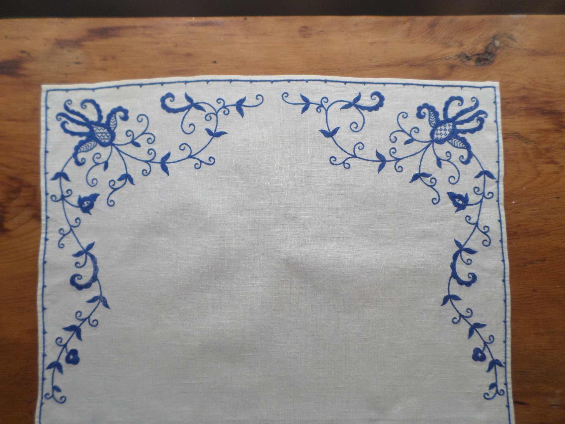 Vintage Hand Embroidered Bluework Tablecloth
